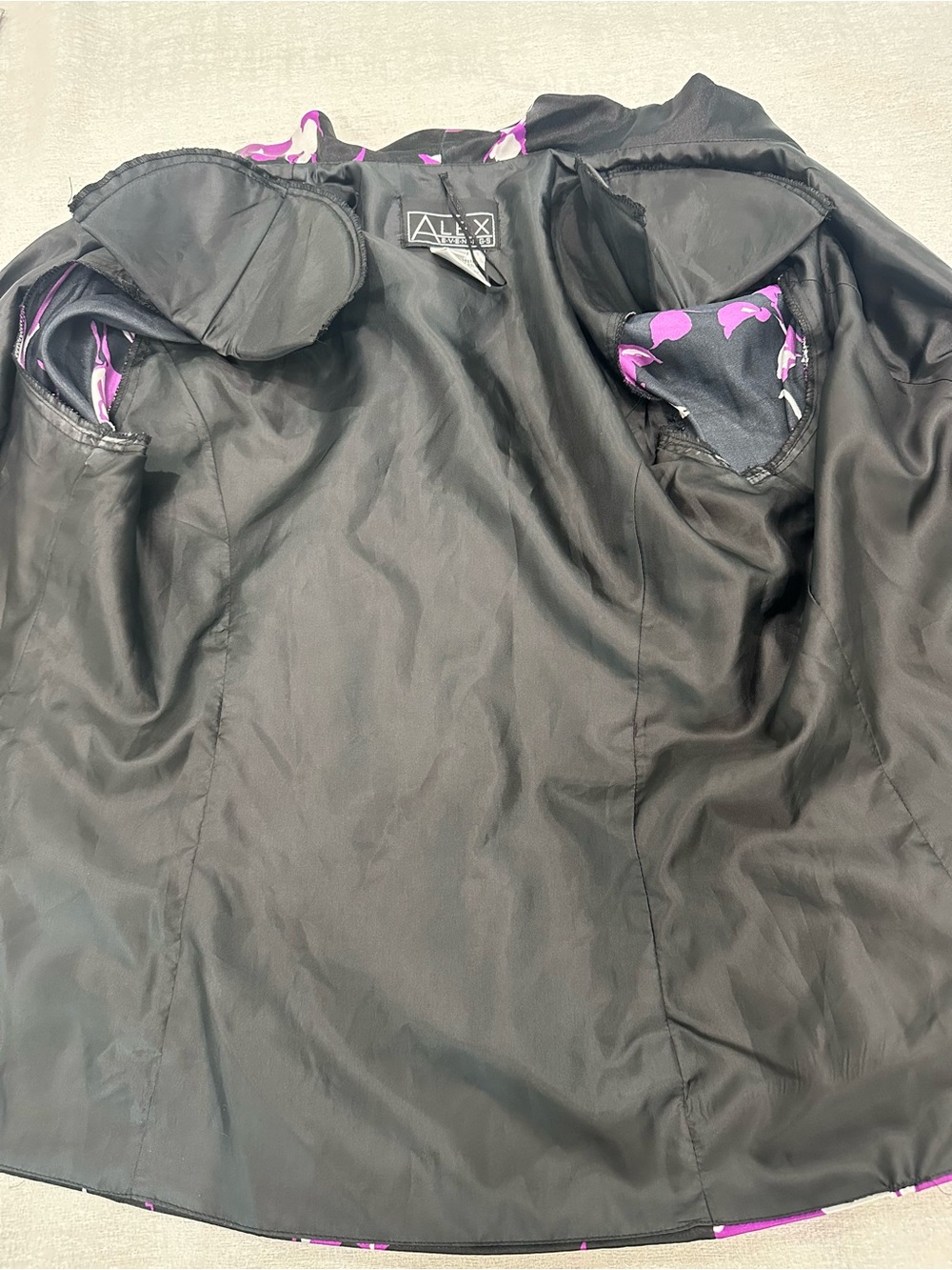 Alex Evenings Floral Satin Faux-Wrap Blouse Jacket Portrait Collar Purple Black - Picture 14 of 15